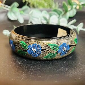 Vintage Handpainted Floral Bangle Bracelet | Blue • Black • Gold | Boho Bohemian